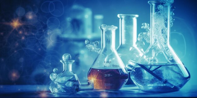 beaker-flask-science-laboratory-with-chemical-structure-blue-banner-background_327072-11950